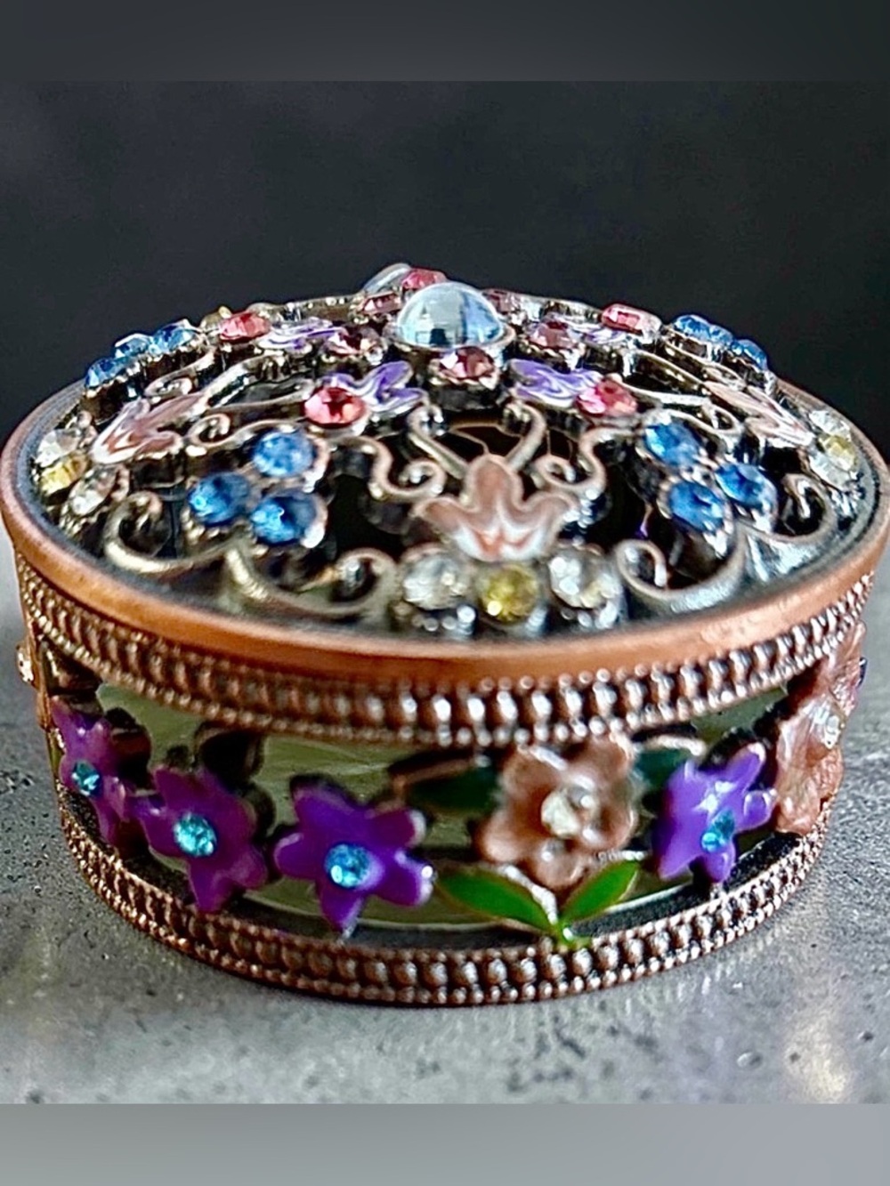 Floral Enamel and Crystal Trinket Box in Purple and Multicolor